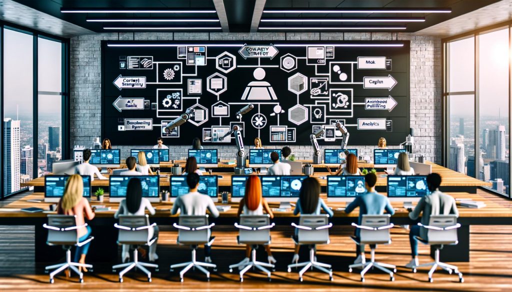 Digitales Redaktionsteam arbeitet kollaborativ mit digitalen Tools, großen Monitoren für Workflow-Diagramme und einem Roboterarm, der Inhalte automatisiert ins CMS überträgt.
