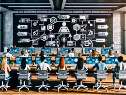 Digitales Redaktionsteam arbeitet kollaborativ mit digitalen Tools, großen Monitoren für Workflow-Diagramme und einem Roboterarm, der Inhalte automatisiert ins CMS überträgt.