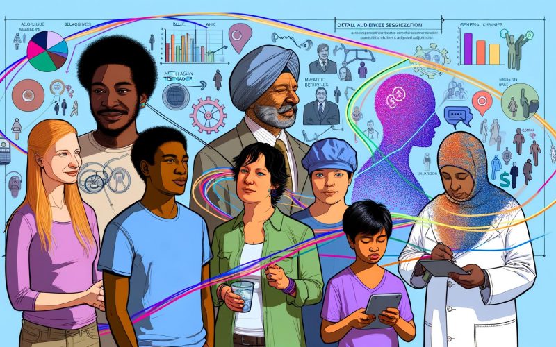 Gruppe unterschiedlicher Menschen, verbunden durch bunte Linien und digitale Symbole, vor Analysediagrammen und Social-Media-Icons zur Darstellung von datengetriebener Zielgruppen-Segmentierung.