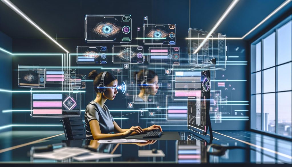 Person an einem futuristischen Computerarbeitsplatz mit schwebenden Datenströmen, Eye-Tracking-Heatmaps, holografischen Anzeigen und visuellen Darstellungen von Ablenkungen.