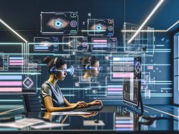 Person an einem futuristischen Computerarbeitsplatz mit schwebenden Datenströmen, Eye-Tracking-Heatmaps, holografischen Anzeigen und visuellen Darstellungen von Ablenkungen.
