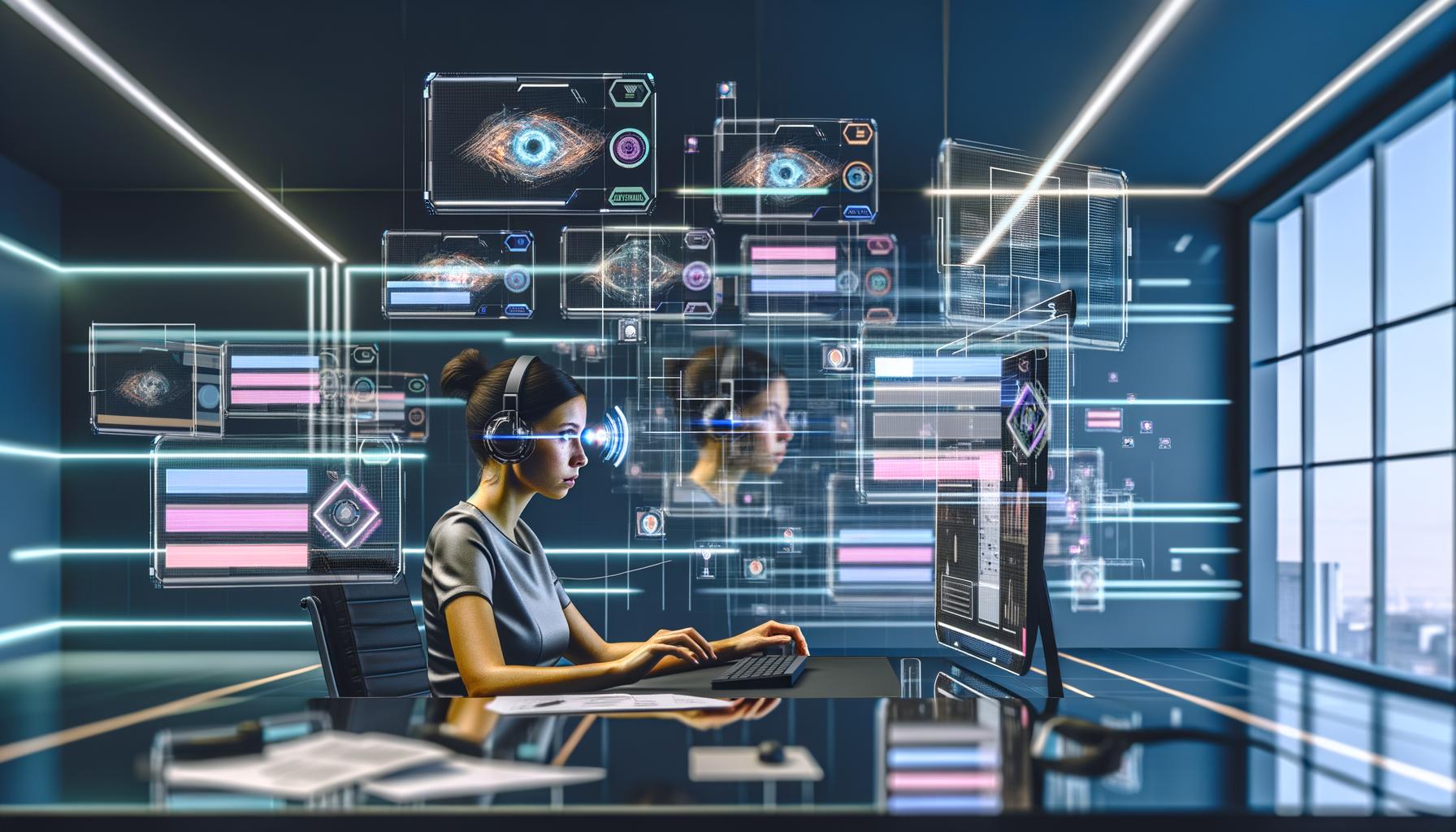 Person an einem futuristischen Computerarbeitsplatz mit schwebenden Datenströmen, Eye-Tracking-Heatmaps, holografischen Anzeigen und visuellen Darstellungen von Ablenkungen.