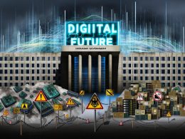 Deutsches Regierungsgebäude aus Beton und Glas mit digital leuchtendem Schriftzug ‚Digitale Zukunft‘, durchzogen von Warnsymbolen und Rissen; moderne Technologien und Bürokratie verschmelzen in kontrastreicher Farbpalette.