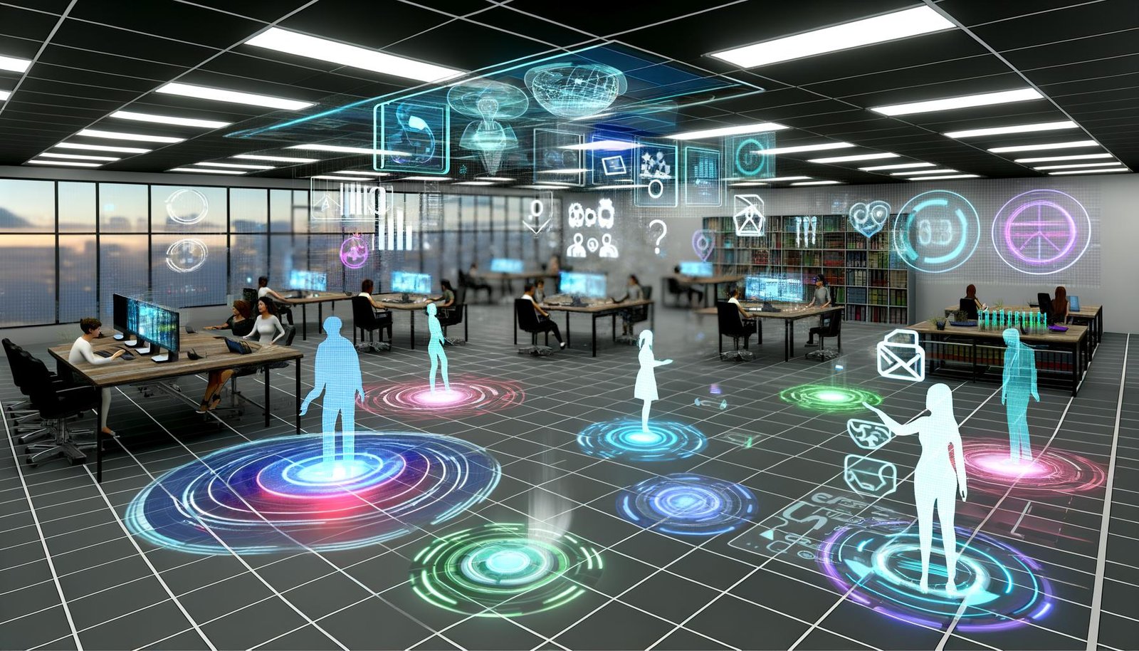 Moderne Arbeitsumgebung mit holographischen Interfaces, leuchtenden Icons, Menschen mit VR- und AR-Geräten wie Apple Vision Pro, Meta Quest 3 und HoloLens 2 sowie schwebenden Avataren im lichtdurchfluteten Büro.
