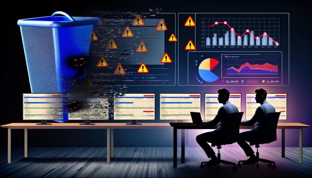 Digital Marketer arbeitet nachts an mehreren Bildschirmen mit fehlerhaften Google Analytics 4 Berichten, während Daten verschwinden und ein Countdown droht.