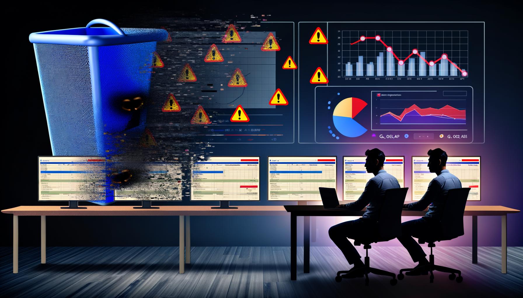 Digital Marketer arbeitet nachts an mehreren Bildschirmen mit fehlerhaften Google Analytics 4 Berichten, während Daten verschwinden und ein Countdown droht.