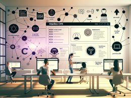 Modernes Büro mit Headless CMS Dashboard, diversen Entwicklern sowie Content-Fluss auf verschiedene Geräte und Frontend-Technologien.