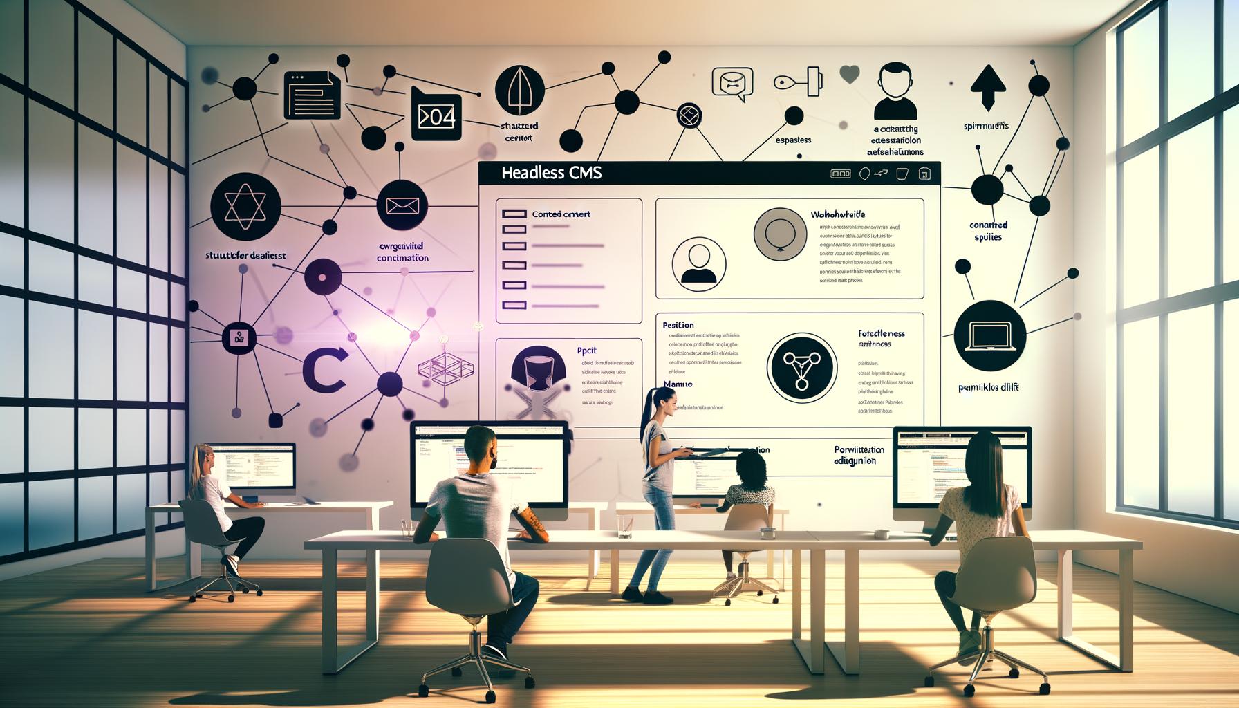 Modernes Büro mit Headless CMS Dashboard, diversen Entwicklern sowie Content-Fluss auf verschiedene Geräte und Frontend-Technologien.