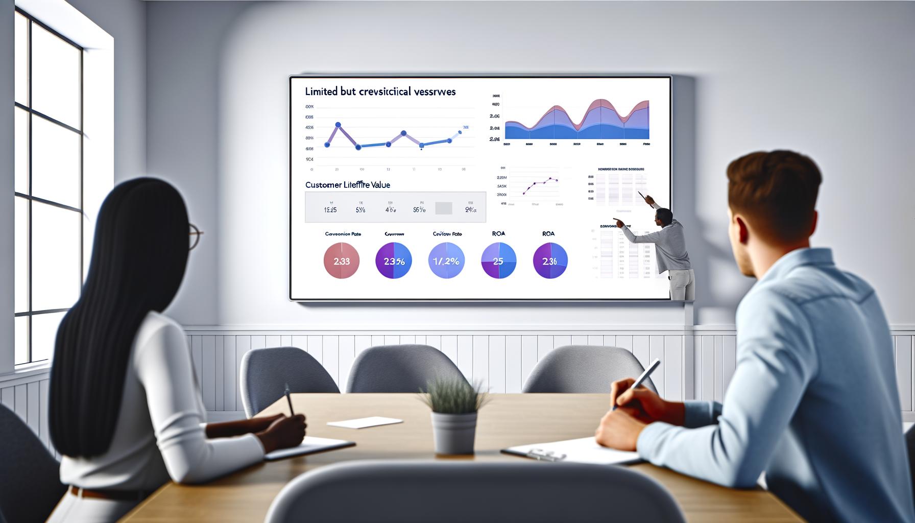 Modernes Marketing Analytics Dashboard mit dezenten Farben und wichtigen KPIs, daneben zwei konzentrierte Marketer im minimalistischen Büro.
