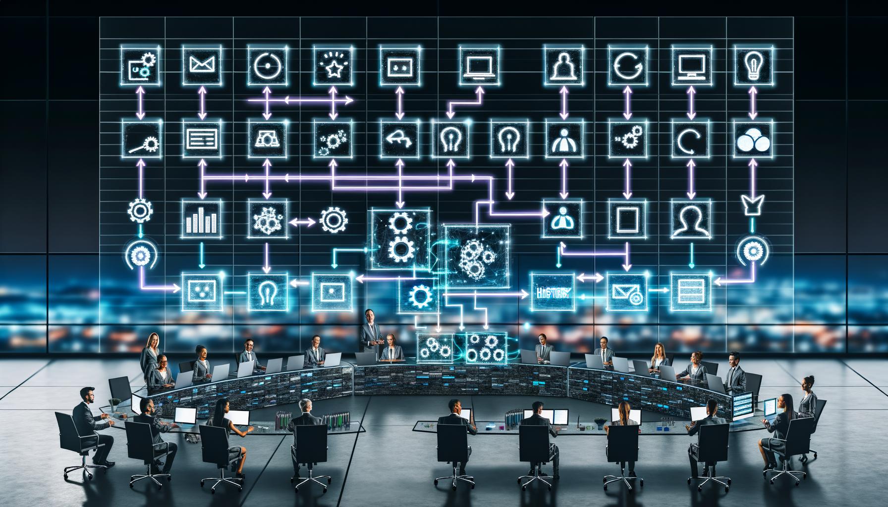 Futuristische Büroszene mit transparenten Digital-Displays, die die Schritte eines digitalen Content-Workflows zeigen. Teammitglieder arbeiten effizient mit vernetzten Modulen und Symbolen für Automatisierung, Analysen und APIs. Papierchaos wird aussortiert.