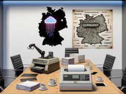 Deutscher Vorstandstisch mit alten Bürogeräten und moderner Technologie, umgeben von angespannten Managern vor einer vernetzten Deutschlandkarte mit Begriffen wie KI, Cloud und Digitalstrategie.