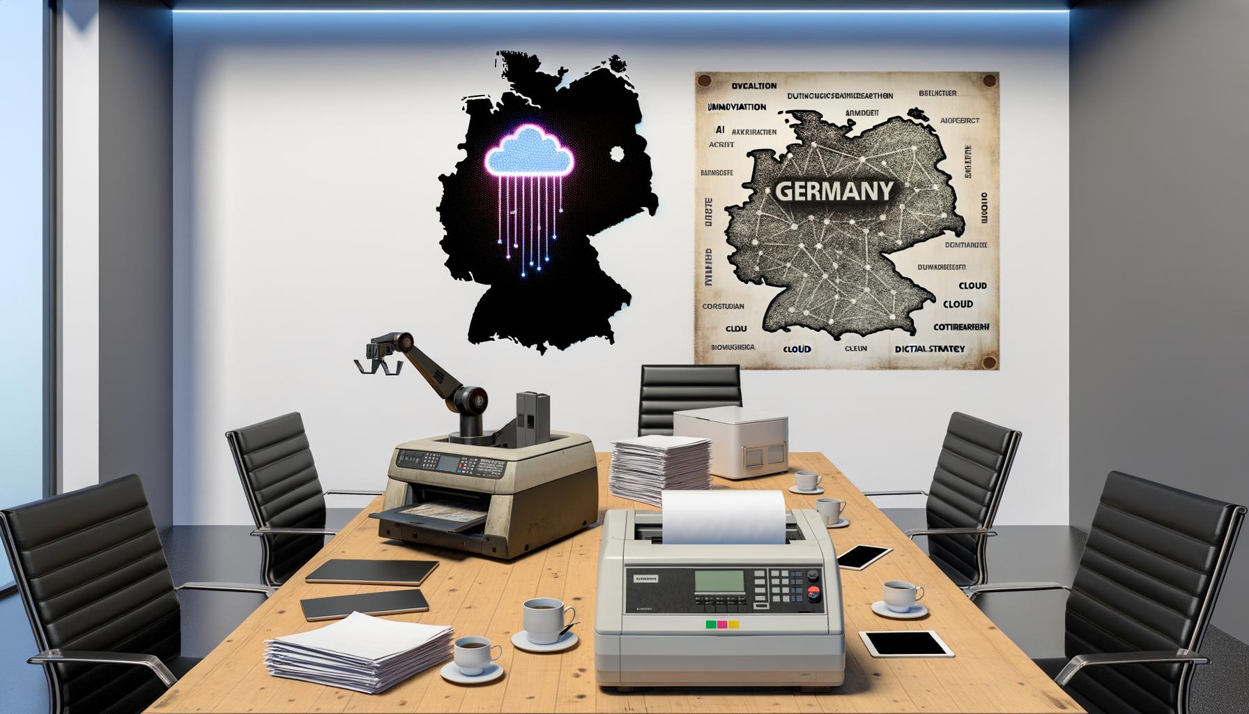 Deutscher Vorstandstisch mit alten Bürogeräten und moderner Technologie, umgeben von angespannten Managern vor einer vernetzten Deutschlandkarte mit Begriffen wie KI, Cloud und Digitalstrategie.