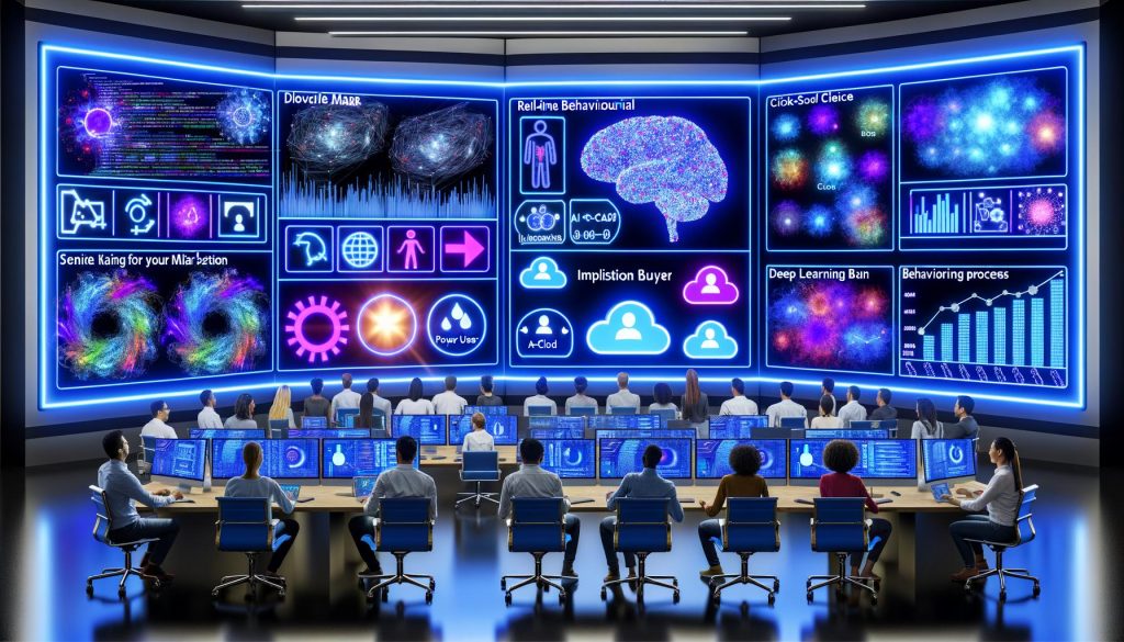 Futuristischer Kontrollraum mit KI-gesteuerten Dashboards, Heatmaps, Benutzergruppen und Diversen Fachleuten, die an holografischen Bildschirmen für Marketingdatenanalyse arbeiten.