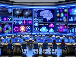 Futuristischer Kontrollraum mit KI-gesteuerten Dashboards, Heatmaps, Benutzergruppen und Diversen Fachleuten, die an holografischen Bildschirmen für Marketingdatenanalyse arbeiten.