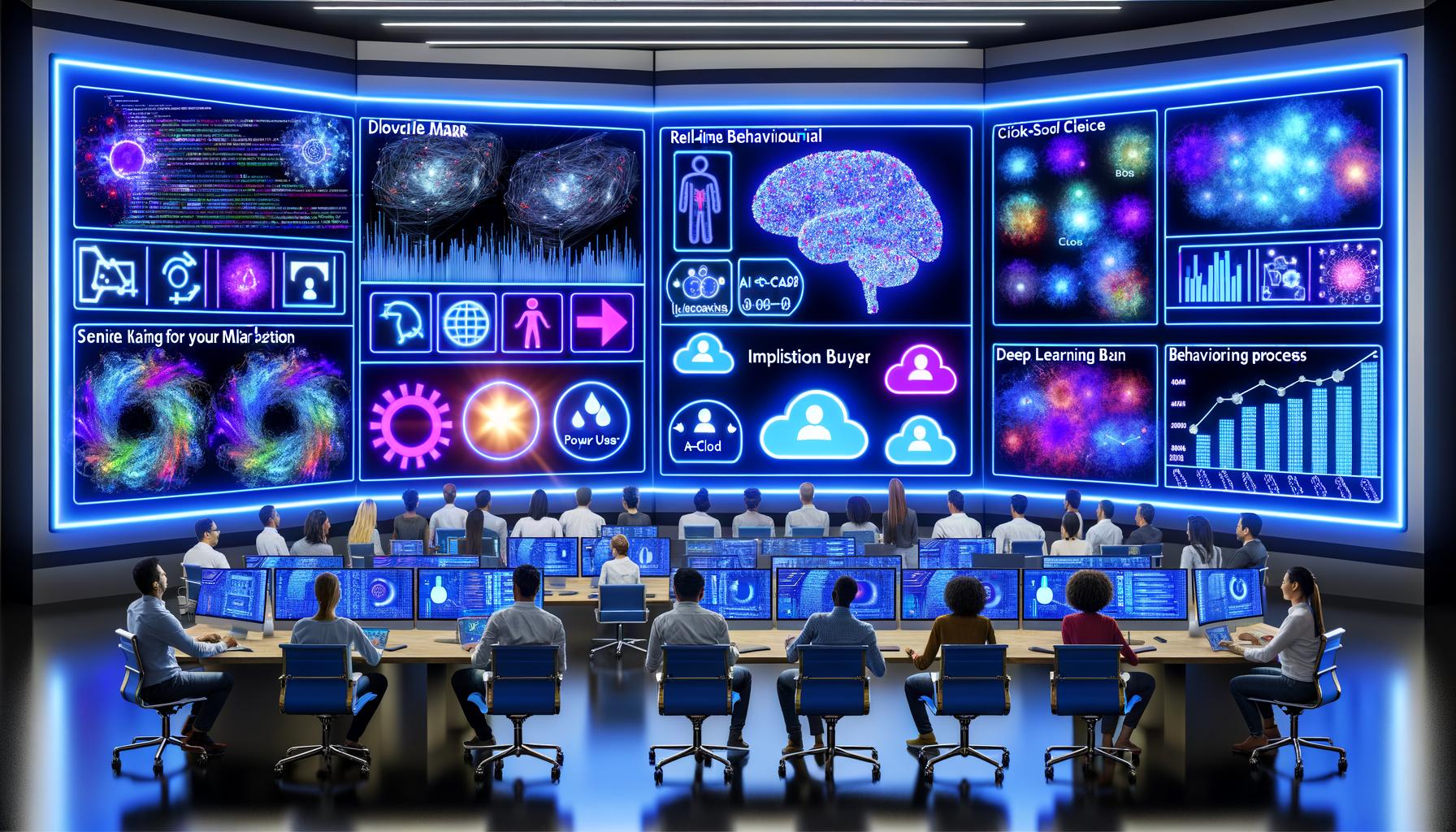 Futuristischer Kontrollraum mit KI-gesteuerten Dashboards, Heatmaps, Benutzergruppen und Diversen Fachleuten, die an holografischen Bildschirmen für Marketingdatenanalyse arbeiten.