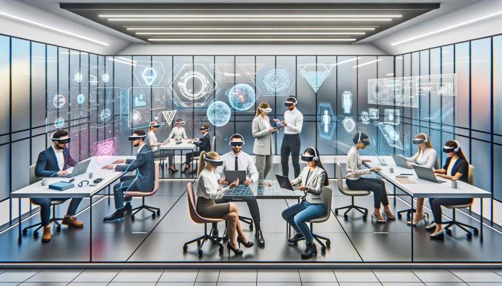 Modernes, futuristisches Büro mit Fachkräften, die mithilfe von Hologrammen, AR-Brillen und digitalen 3D-Elementen kooperieren.