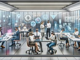 Modernes, futuristisches Büro mit Fachkräften, die mithilfe von Hologrammen, AR-Brillen und digitalen 3D-Elementen kooperieren.