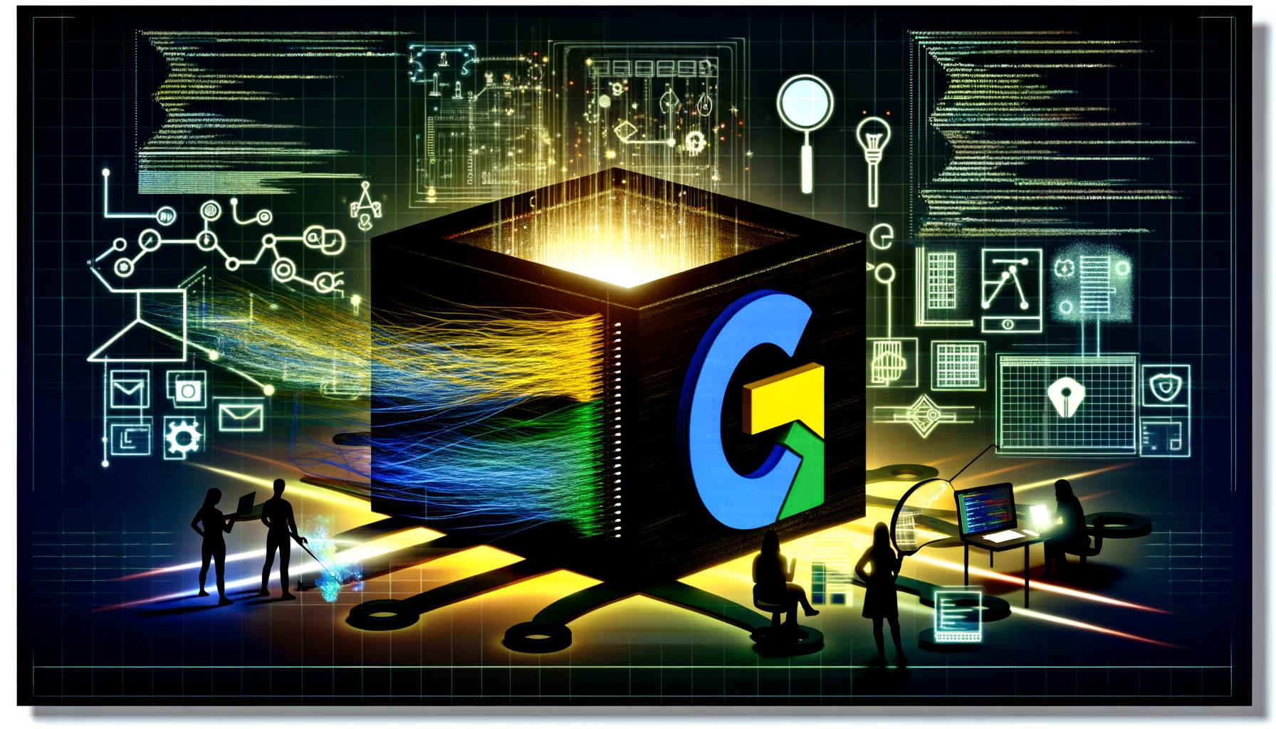 Titelbild im Magazin-Stil mit Google Analytics (GA4) Blackbox, chaotischen Datenströmen in Blau, Gelb und Grün, technischen Symbolen, Diagrammen sowie Marketer-Silhouetten im Hightech-Look.