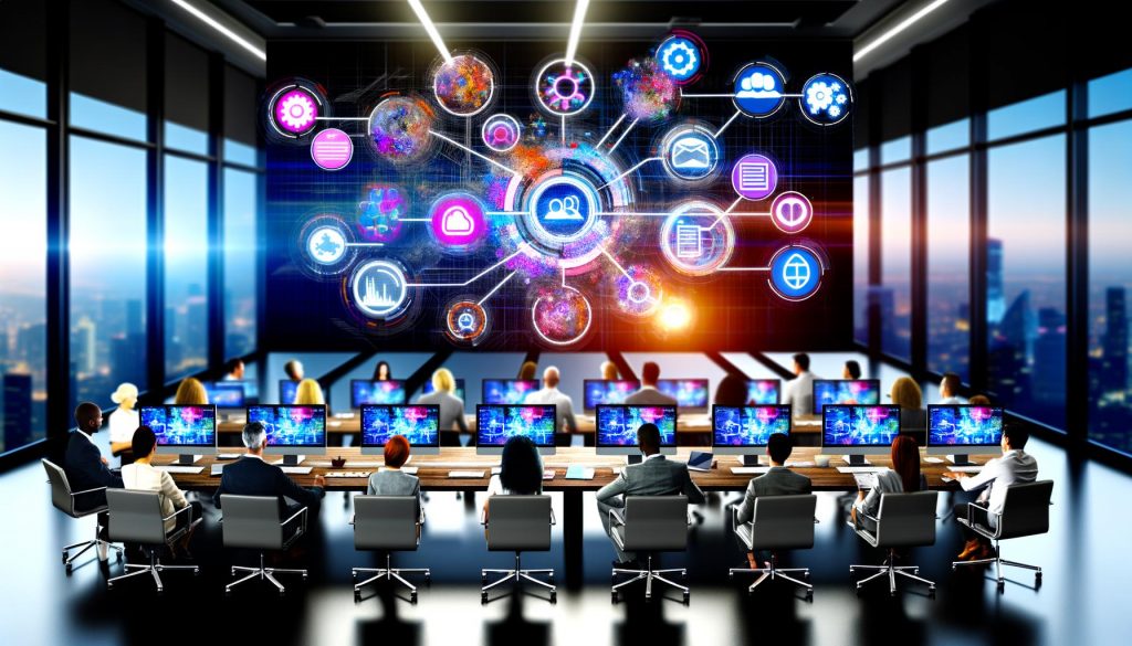 Dynamisches Büro mit Marketer:innen an Schreibtischen, komplexen Daten-Visualisierungen auf Bildschirmen und digitalem Netzwerk aus verschiedenen Marketingkanälen.