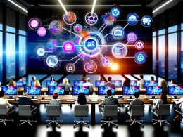 Dynamisches Büro mit Marketer:innen an Schreibtischen, komplexen Daten-Visualisierungen auf Bildschirmen und digitalem Netzwerk aus verschiedenen Marketingkanälen.