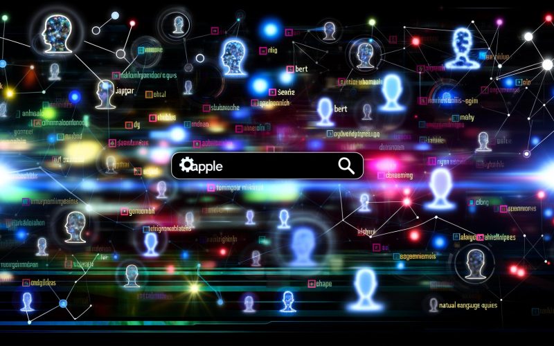 Futuristische Benutzeroberfläche einer Suchmaschine mit leuchtenden Netzwerkknoten, verknüpften Begriffen und abstrahierten Köpfen vor dunklem Datenstrom-Hintergrund.