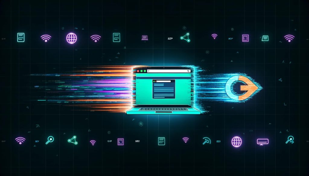 Laptop mit geöffneter, schnell ladender Website, umgeben von leuchtenden Datenströmen, Gzip-Logo-Turboschub, SEO-Grafiken, Browser- und Server-Symbolen auf modernem, dunklen Hintergrund, im Kontrast zu einer altmodischen Modem-Ikone mit langsamen Bits.