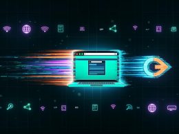 Laptop mit geöffneter, schnell ladender Website, umgeben von leuchtenden Datenströmen, Gzip-Logo-Turboschub, SEO-Grafiken, Browser- und Server-Symbolen auf modernem, dunklen Hintergrund, im Kontrast zu einer altmodischen Modem-Ikone mit langsamen Bits.