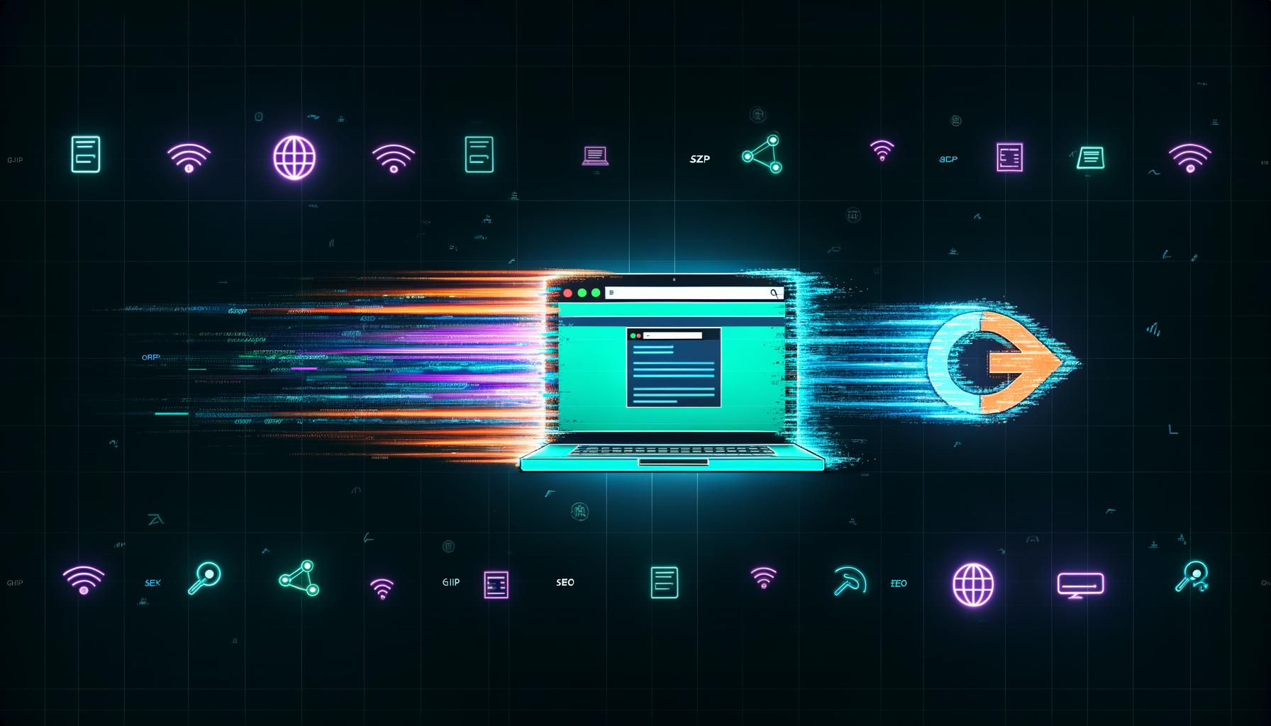 Laptop mit geöffneter, schnell ladender Website, umgeben von leuchtenden Datenströmen, Gzip-Logo-Turboschub, SEO-Grafiken, Browser- und Server-Symbolen auf modernem, dunklen Hintergrund, im Kontrast zu einer altmodischen Modem-Ikone mit langsamen Bits.