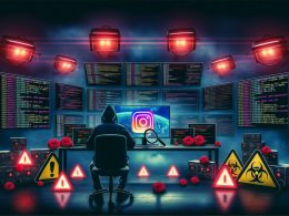 Person in moderner Techniklandschaft betrachtet Monitore mit Python-Code, HTTP-Statuscodes und Instagram-Symbolen, während ein Bot das Instagram-Logo analysiert, das hinter Barrieren, Captchas und Warnzeichen geschützt ist.