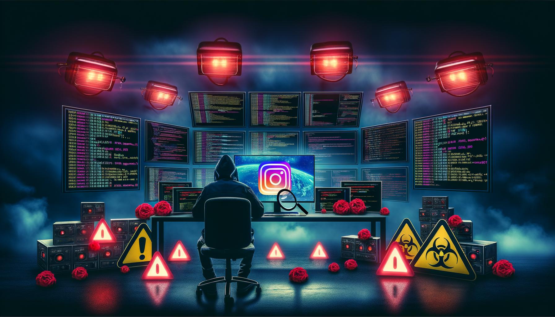 Person in moderner Techniklandschaft betrachtet Monitore mit Python-Code, HTTP-Statuscodes und Instagram-Symbolen, während ein Bot das Instagram-Logo analysiert, das hinter Barrieren, Captchas und Warnzeichen geschützt ist.