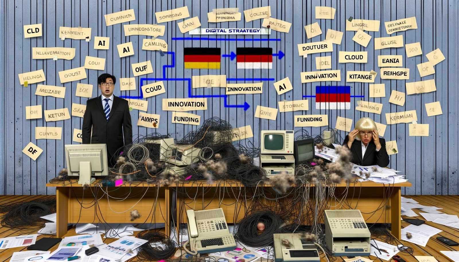 Satirisches Büro mit alten Geräten, verwirrten Beamten und modernen Technologien, die ungenutzt bleiben, als Symbol für den schleppenden digitalen Fortschritt in Deutschland.