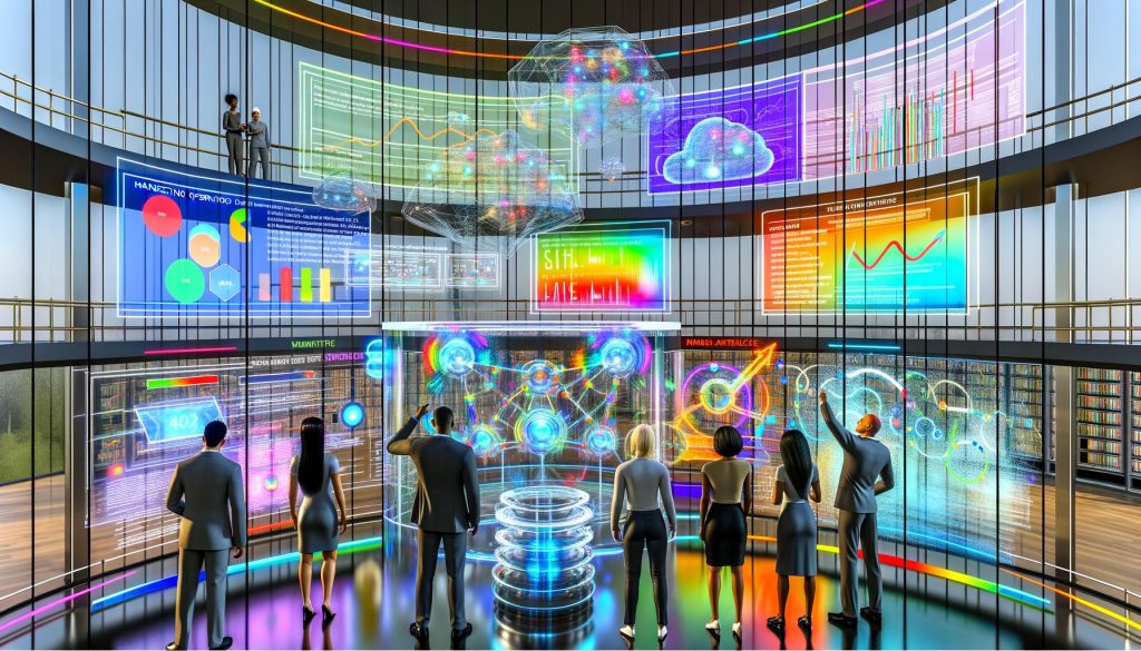 Futuristisches Marketingkommandozentrum mit digitalen Dashboards, Echtzeitdaten, holografischen Anzeigen und KI-Neuronenpfaden, in dem Marketer gemeinsam analysieren und entscheiden.
