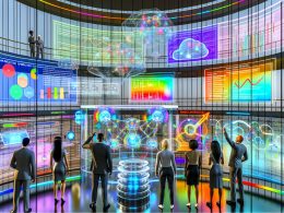 Futuristisches Marketingkommandozentrum mit digitalen Dashboards, Echtzeitdaten, holografischen Anzeigen und KI-Neuronenpfaden, in dem Marketer gemeinsam analysieren und entscheiden.