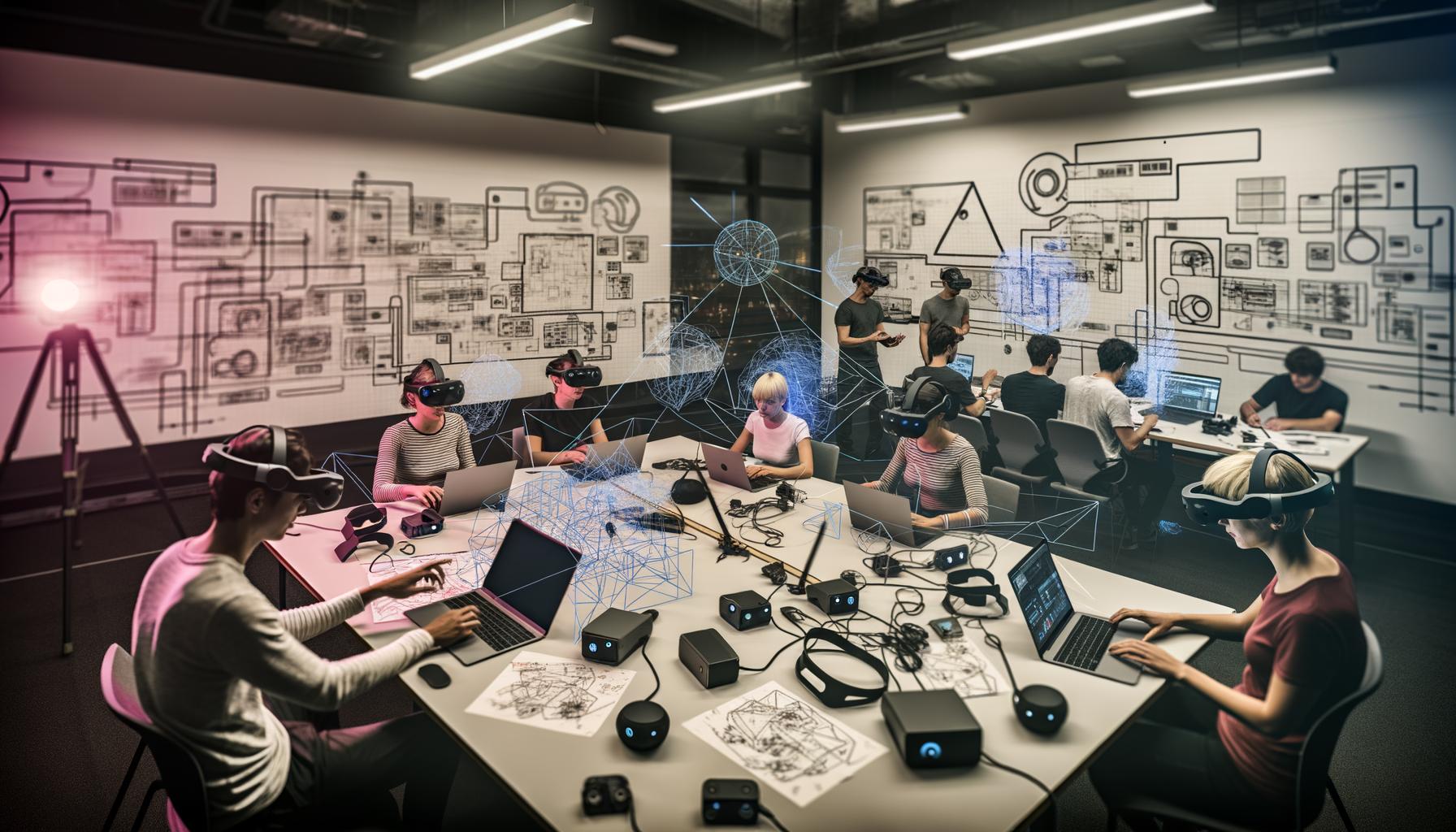 Ingenieur:innen entwickeln in einem modernen Labor mit Mixed-Reality-Headsets, Sensoren, Laptops, holografischen Overlays und User-Journey-Skizzen innovative Spatial-Computing-Prototypen.