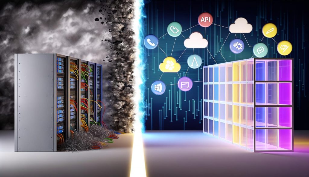 Illustration eines veralteten Monolith-Servers gegenüber einem futuristischen, modularen Serverraum mit Microservices, API-, Cloud- und Headless-Icons sowie einer Lichtlinie als Übergang.