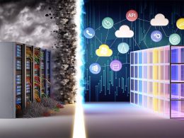 Illustration eines veralteten Monolith-Servers gegenüber einem futuristischen, modularen Serverraum mit Microservices, API-, Cloud- und Headless-Icons sowie einer Lichtlinie als Übergang.