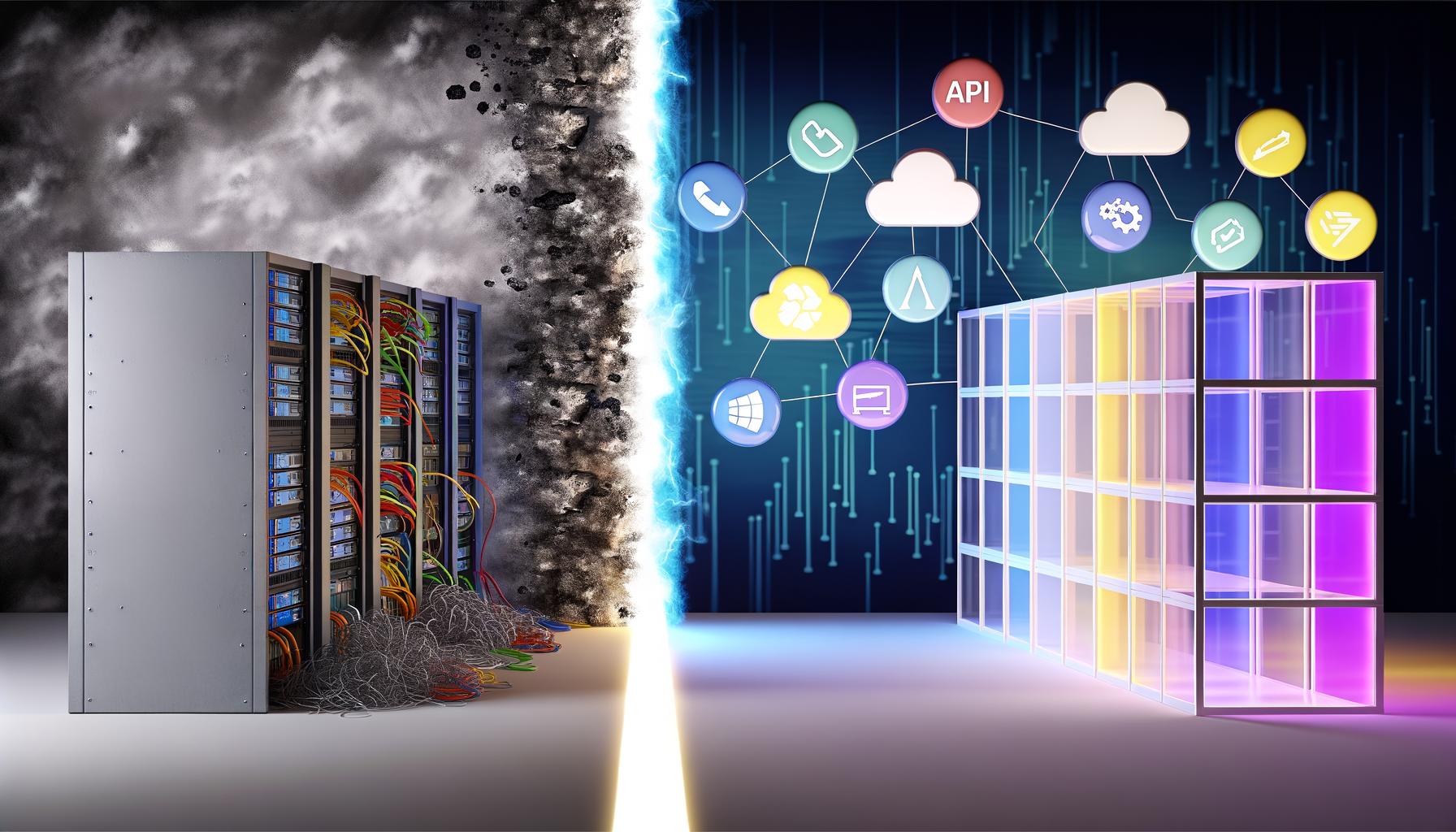 Illustration eines veralteten Monolith-Servers gegenüber einem futuristischen, modularen Serverraum mit Microservices, API-, Cloud- und Headless-Icons sowie einer Lichtlinie als Übergang.