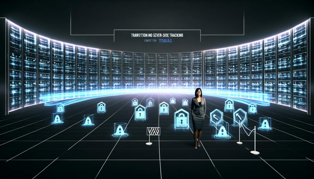 Futuristisches, minimalistisches Data Center mit Marketer, transparenten Servern, sicheren Datenflüssen und blockierten Browser-Skripten, Symbol für serverseitiges Tracking