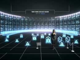 Futuristisches, minimalistisches Data Center mit Marketer, transparenten Servern, sicheren Datenflüssen und blockierten Browser-Skripten, Symbol für serverseitiges Tracking