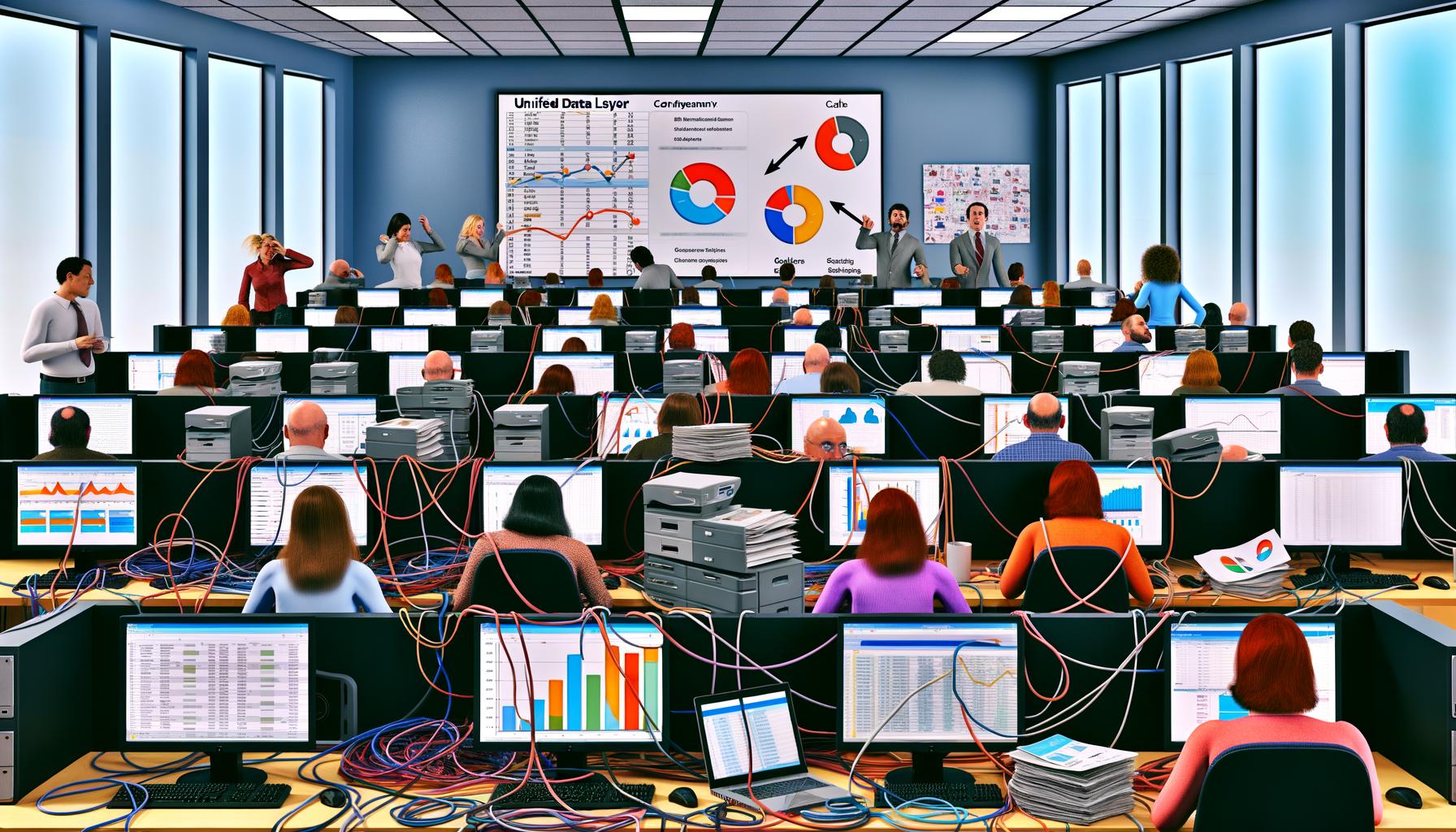 Marketingteam am Arbeitsplatz mit verstreuten Monitoren und Datenchaos, während ein Unified Data Layer im Hintergrund klare Datenintegration ermöglicht.