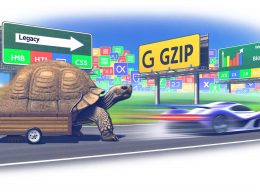 Illustration eines modernen Brotli-Rennwagens, der einen langsamen GZIP-Tortoise überholt, mit HTML-, CSS- und JS-Symbolen im digitalen Umfeld.