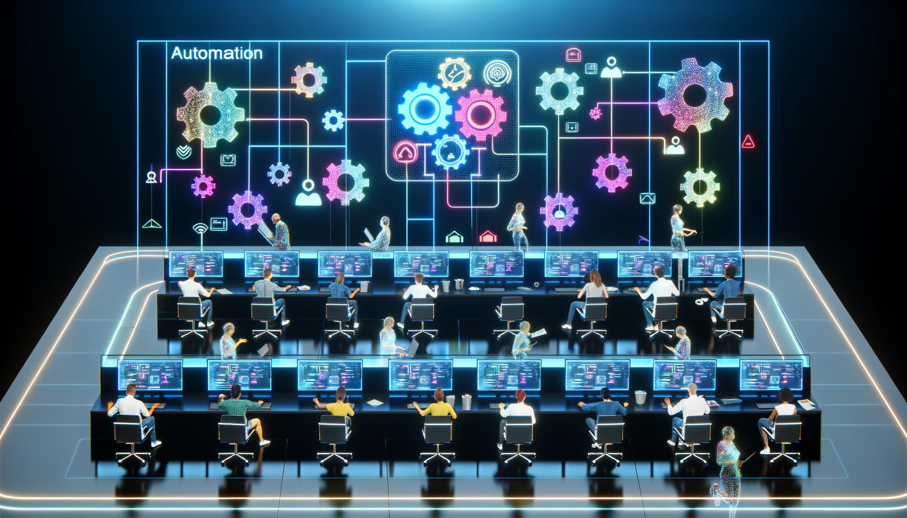 Vogelperspektive auf ein modernes Büro, in dem Mitarbeitende an leuchtenden Workstations sitzen, farbige Datenströme verbinden die Arbeitsplätze, große Bildschirme zeigen automatisierte Workflows, Zahnräder symbolisieren die Verbindung von Mensch und Maschine.