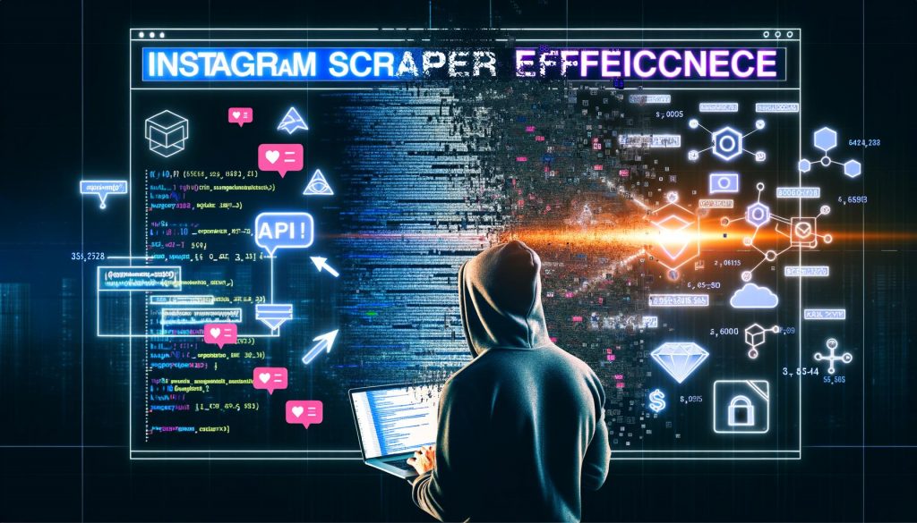 Marketingprofi mit Hoodie vor Laptop analysiert zerfallenden Instagram-Feed mit Datenströmen, Charts, Algorithmus- und Proxy-Symbolen im urban-technischen Darkmode-Stil.