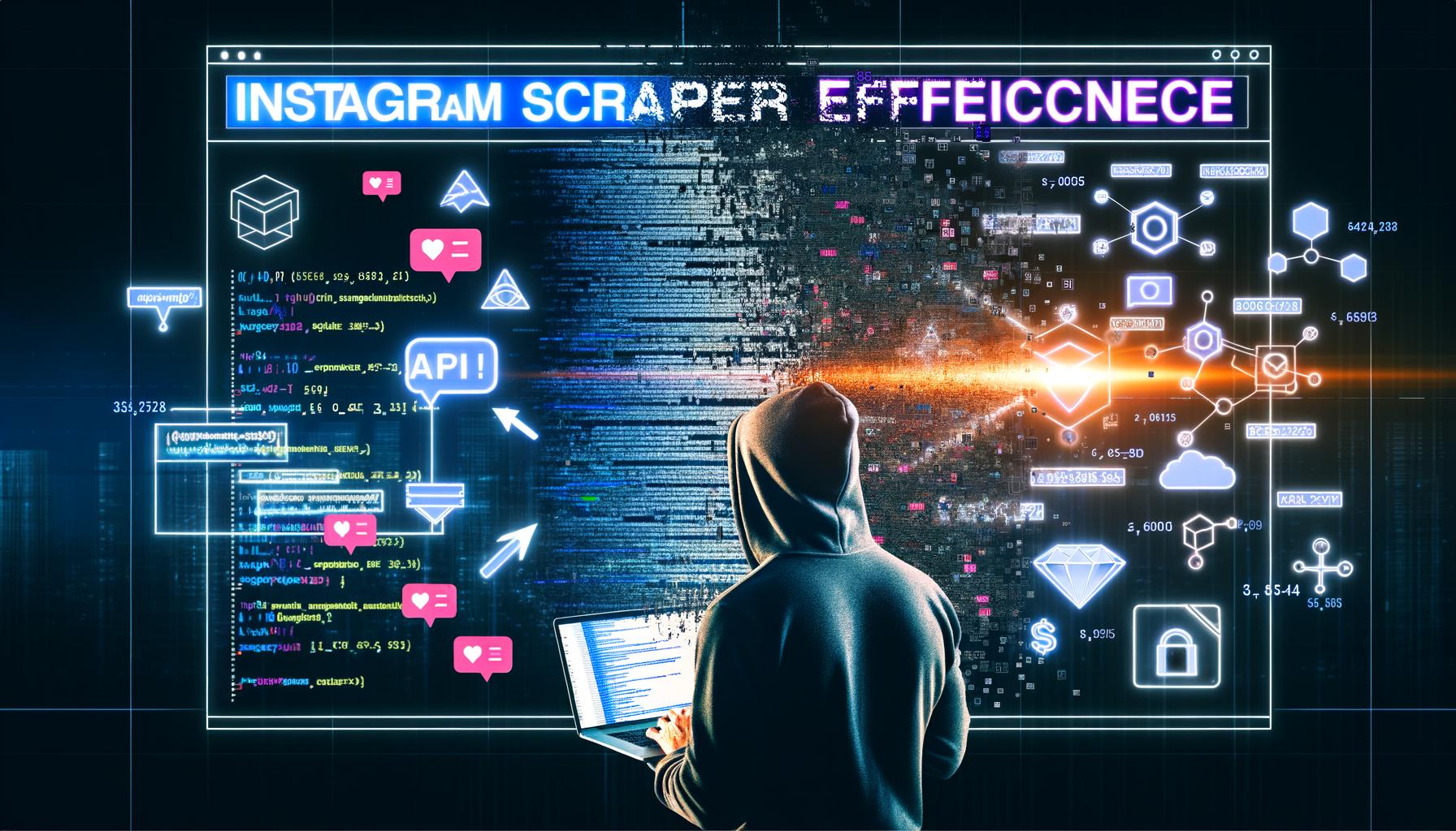 Marketingprofi mit Hoodie vor Laptop analysiert zerfallenden Instagram-Feed mit Datenströmen, Charts, Algorithmus- und Proxy-Symbolen im urban-technischen Darkmode-Stil.