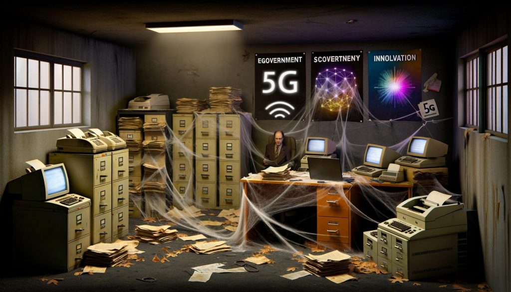 Ein trostloses Büro voller alter Faxgeräte, Aktenberge und veralteter Computer, dekoriert mit vergilbten Digitalisierungsplakaten, Spinnweben und einem ratlosen Mitarbeiter am Tisch.