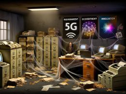 Ein trostloses Büro voller alter Faxgeräte, Aktenberge und veralteter Computer, dekoriert mit vergilbten Digitalisierungsplakaten, Spinnweben und einem ratlosen Mitarbeiter am Tisch.