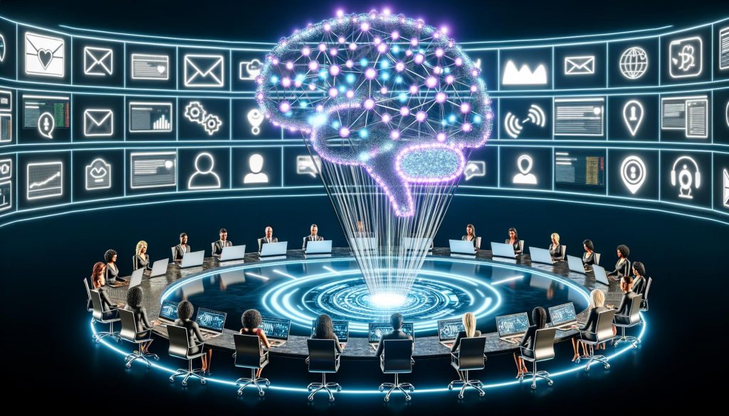 Digitale Illustration eines modernen Marketing-War Rooms mit KI-Hirn, vernetzten Touchpoints und Echtzeit-Analysen auf Bildschirmen
