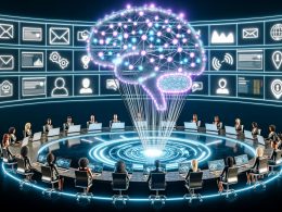 Digitale Illustration eines modernen Marketing-War Rooms mit KI-Hirn, vernetzten Touchpoints und Echtzeit-Analysen auf Bildschirmen