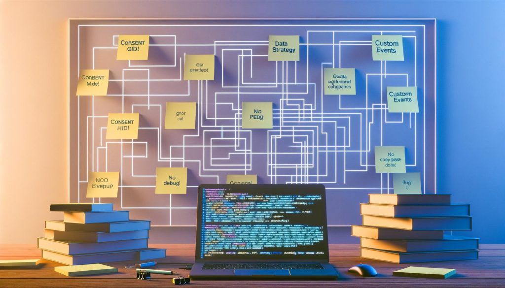 Digitale Illustration eines modernen Arbeitsplatzes mit Laptop, auf dem gtag.js-Code zu Consent Mode und benutzerdefinierten Events angezeigt wird, daneben Fachliteratur zu Datenstrategie und Consent Management, Notizzettel und ein Infografikvergleich zu Tagging-Setups.