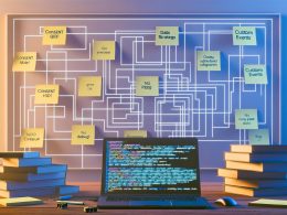 Digitale Illustration eines modernen Arbeitsplatzes mit Laptop, auf dem gtag.js-Code zu Consent Mode und benutzerdefinierten Events angezeigt wird, daneben Fachliteratur zu Datenstrategie und Consent Management, Notizzettel und ein Infografikvergleich zu Tagging-Setups.